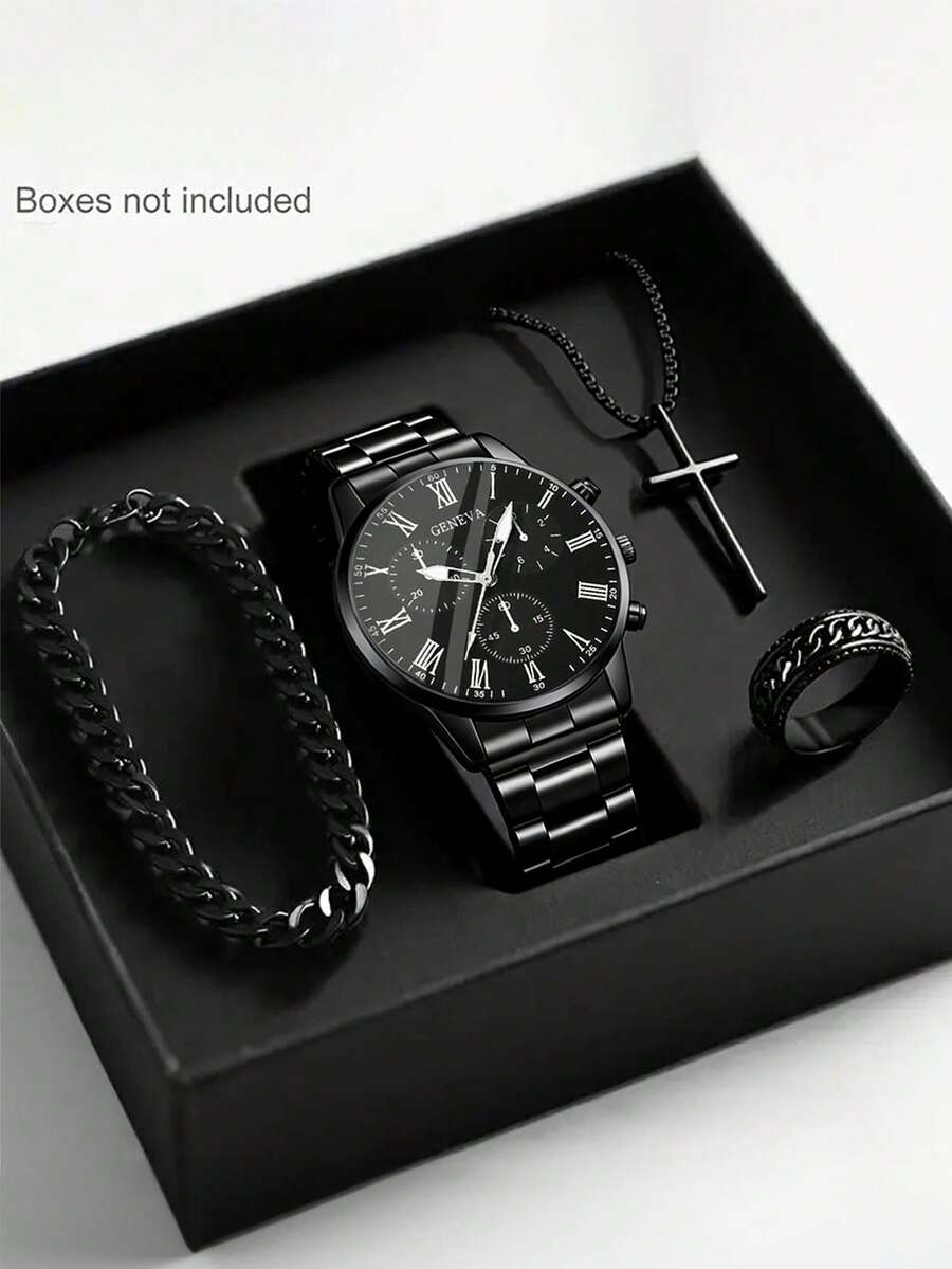 4件套男童时尚商务休闲指针石英表，适合男孩佩戴，配有时尚手链、吊坠项链和戒指套装，适合作为男孩生日/节日礼物，也适合学生佩戴，非常适合返校、聚会和旅行等日常生活场合。毕业季、斋月、情人节也是送给男孩的完美礼物。 - 彩色 - 查看 1