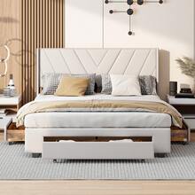 ZSSWSS Cama doble con 3 cajones, 140/160 x 200 cm, cabecero de rayas, somier de láminas, estilo escandinavo, cama tapizada, cama con cajones, lino, beige - Beis - Ver 1