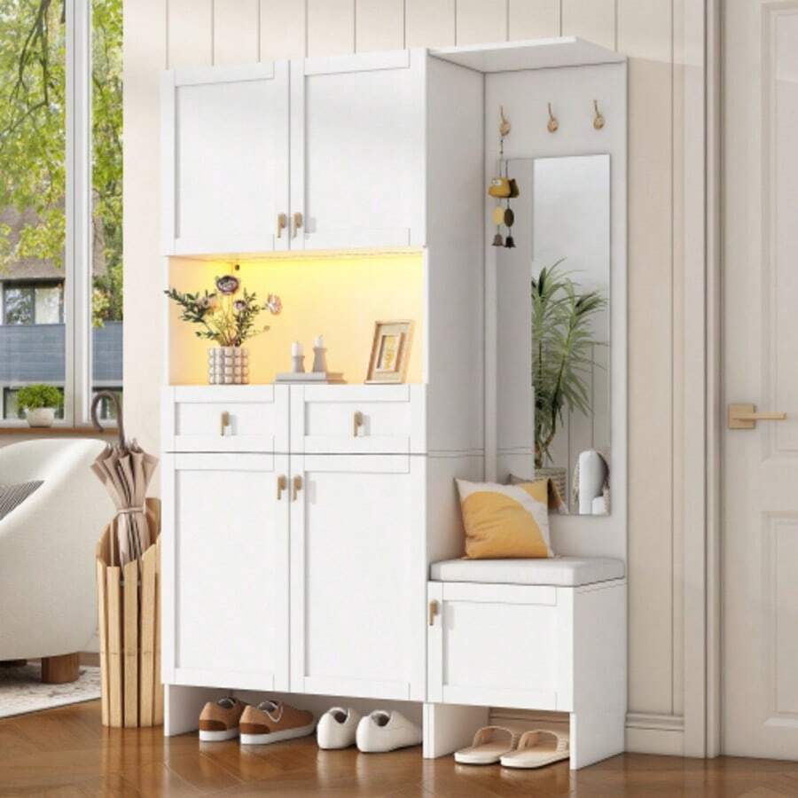 Garderoben-Set, Wandgarderobe; Garderoben-Set Mit Schuhbank Und Schuhschrank, Mit 3 Haken, 5 Türen, 2 Schubladen, 1 Spiegel, White Flurmöbel (B 120* H180* T33.5cm) - White - View 1