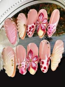 10pcs Luxury Handmade 3D Flower Nail Art, Sparkling Blooming Flower 3D Wavy Nail Tips, Women Daily Wear False Nails Nail Supplies Handmade Press On Nails - 玫紅色 - 查看 3