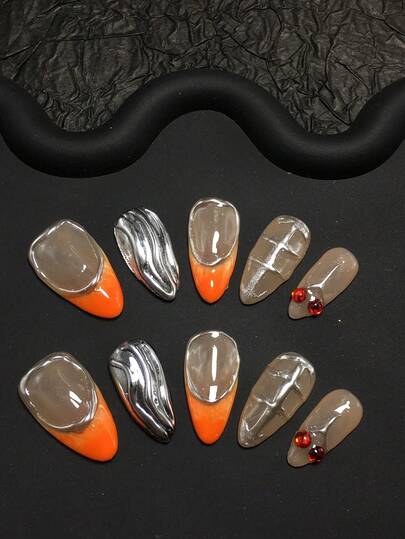 10 Pieces 2.5-Centimeter Handmade Almond Shaped Wearable Nail Set, Decorated With Rhinestones, Cherries, And Stripes, Suitable For Women And Girls, Valentine's Day, Parties, Festivals, And Daily Wear. Nail Accessories, Acrylic Nail Kit, Including Kit, Hand Pressed Nail Art, Fake Nail Stickers, And Nail Supplies.