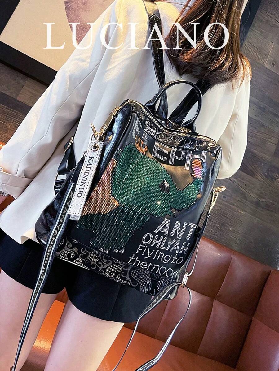 1 Piece Of Women's Backpack, Men's Backpack, Couple's Backpack, Black, Personalized Diamond Inlaid Backpack, Back To School Season College Style Backpack, Cartoon Backpack, Letter Printed Diamond Inlaid Design, Women's Backpack, Shoulder Bag, Handbag, Crossbody Bag, Adjustable And Detachable Shoulder Strap - Black - View 1