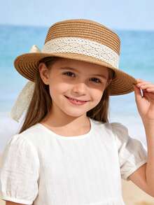 1顶适合3-6岁女孩的防晒平沿蝴蝶结系带草帽，适合户外和海滩佩戴 - 1PC - 查看 1