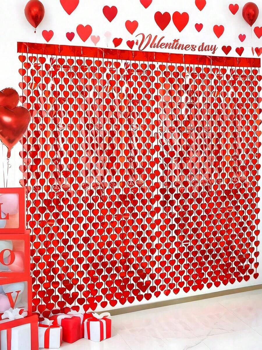 1pcs Heart Shaped Foil Fringe Curtain, Red Heart Foil Fringe Backdrop For Valentine's Day Party Decoration, Foil Fringe Curtain Photo Backdrop, Heart Shaped Tinsel Curtain, Party Decoration Background, Suitable For Singles Party, Bridal Shower, Wedding, Engagement, Valentine's Day Party, New Year, Birthday, Christmas Decoration, Graduation Ceremony, Retirement Party, Wedding Decor - 彩色 - 查看 1