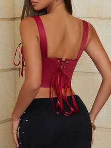 Apperloth A Áo hai dây lửng màu đỏ tía kiểu Y2K dễ thương với nơ trang trí, dây đeo bản rộng, vạt áo cong buộc phía sau, áo liền thân có gọng định hình eo, thích hợp cho các buổi hẹn hò, tiệc tùng, ngày Valentine và các dịp khác. - Màu Đỏ Sâu - Xem 2