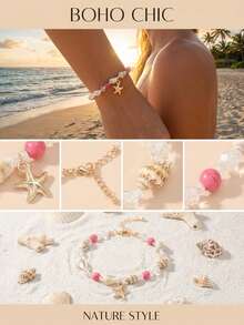 1件海星、贝壳、珍珠串珠手链，波西米亚风沙滩饰品，海星吊坠，贝壳，夏季配饰 - 粉色 - 查看 3