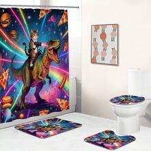 1pc/3pcs/4pcs Magical Starry Sky Cat & Tyrannosaurus Rex Bathroom Decor Shower Curtain Set, Free 12 Hooks Included, High-End Holiday Atmosphere, Bathroom Mat, U-Shaped Toilet Mat And Round Toilet Mat, Suitable For All Scenarios Bathroom Set - Multicolor - View 4