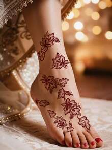 3pcs Red-Brown Leaf Flower Temporary Waterproof Tattoo Stickers, Fashionable Realistic Water Transfer Tattoo Stickers, Women Hand/Foot/Body Art, Suitable For Festivals, Weddings, Gifts And Daily Wear - Brown - View 6