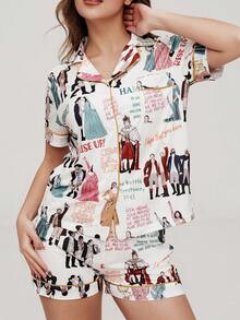 两件套女士汉密尔顿音乐剧印花短袖短裤睡衣套装，舒适吸睛的Polo领针织上衣，配有纽扣前袋和松紧腰裤，适合所有季节，时尚经典家居服。 - 白色 - 查看 3