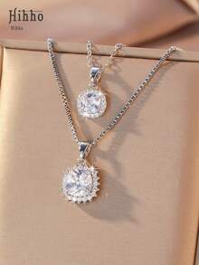 Hihho 2pcs Stainless Steel Chain & Copper Micro-Inlaid Necklace Set. Luxury Geometric Square Full Bright Personalized Party Earrings & Necklace Jewelry Gift - Necklace Set - View 3