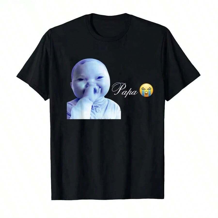 Camiseta de viral de meme de bebé AI divertido sosteniendo, para hombres y mujeres, 100% algodón, camisetas de manga corta, tops de gran tamaño - Negro - Ver 1