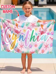 1pc Personalized Kids Beach Towel, Summer Birthday Gift, Summer Vibe, Girls Beach Travel, Customized Beach Towel, Swimming Pool, Beach Decor - Multicolor - View 2