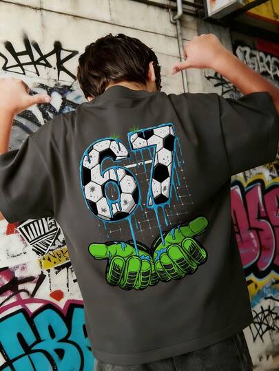 1pc Boys' Casual Round Neck Short Sleeve T-Shirt With Colorful Football & Number Print, Summer Student Wear - The T-Shirt With Colorful Football & Number Print Brings Joy And Happiness To Every Child!