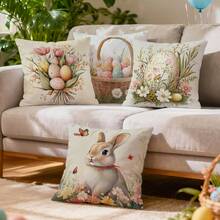 4 fundas de almohada decorativas con estampado de conejito y huevo de Pascua, de un solo lado, para sala de estar, dormitorio y decoración del hogar, aptas para todas las estaciones - No incluye relleno de almohada - Multicolor - Ver 7