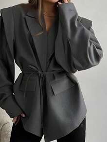 Women's Relaxed Fit Blazer With Adjustable Drawstring Waist & Gold Accent Cuffs -  Notch Lapel Casual Jacket For Smart Urban Style - 29782-gray - View 2