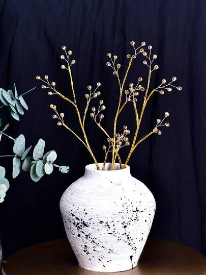 1pc Gold Beaded Artificial Flower Bouquet, Handmade Lifelike Plant Decor, Durable & Maintenance-Free, Suitable For Wedding, Holiday, Party, Garden, Home, Living Room Decoration