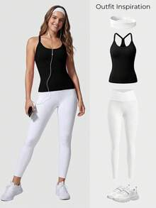 Racerback Tank Tops For Women - Scoop Neck Spaghetti Strap Padded Workout With Built In Bra - 黑色 - 查看 6
