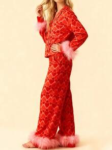 Women's Valentine's Y2k  Satin 2 Piece Pajama Sets Long Sleeve Furry Trim Lapel Heart Print Shirt And Elastic High Rise Long Pants Feather Cuffs Pj Sleepwear, Home Wear - 珊瑚紅 - 查看 3