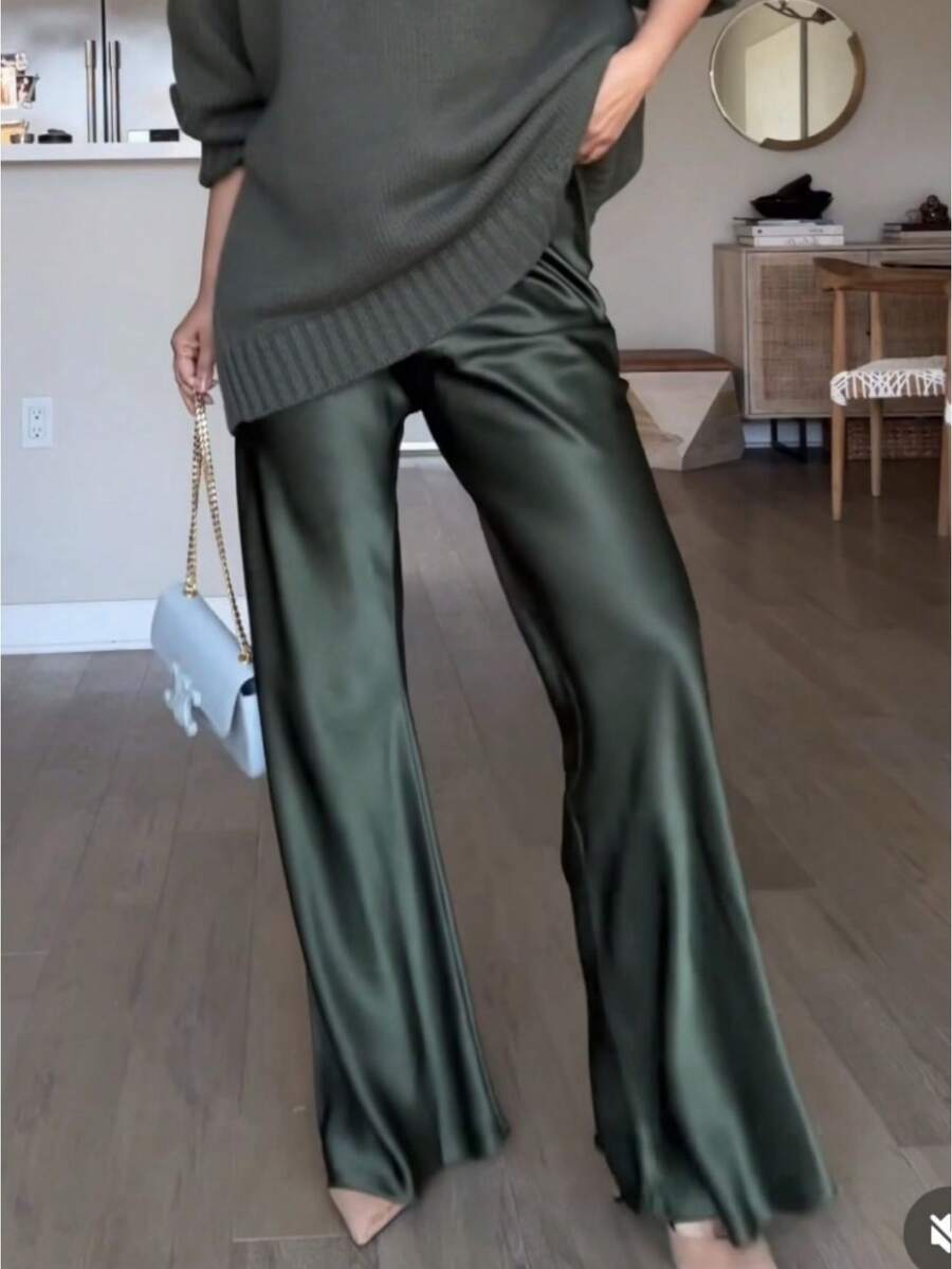 Women's Satin Silk Wide Leg Pants Low Waist Baggy Pants Lounge Bottoms Streetwear - 軍綠色 - 查看 1