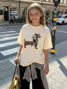 1pc Tween Girls' Dachshund Print Short Sleeve T-Shirt, Student Youth Clothing, Summer Gift For Kids - Apricot - View 3