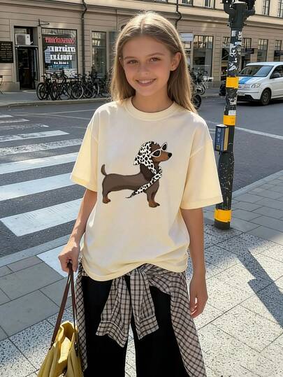 1pc Tween Girls' Dachshund Print Short Sleeve T-Shirt, Student Youth Clothing, Summer Gift For Kids