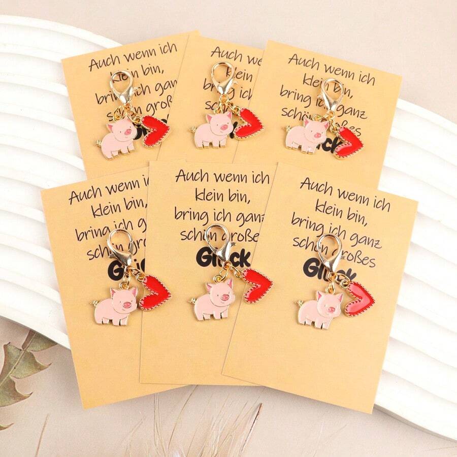 6pcs Charming Lucky Pig & Heart Keychains With Blessing Card, Cute Friendship Gift For Coin Purse, Backpack, Pencil Case, Car Keys Decor - Best For Vibrant Birthday, Wedding, Holiday Party, Graduation, Bridal Shower, Anniversary Occasions - Gift For Family, Friends, Classmates And Teachers - Pink - View 1