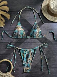 2件套夏季度假随机性感动物纹串珠吊带比基尼上衣和低腰系带泳裤泳装套装 - 彩色 - 查看 4