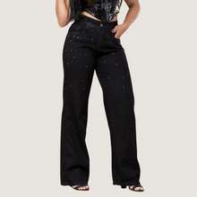 Calça Wide Leg Feminina Preta Cintura Alta Com Brilho Strass - Preto - Visão 10