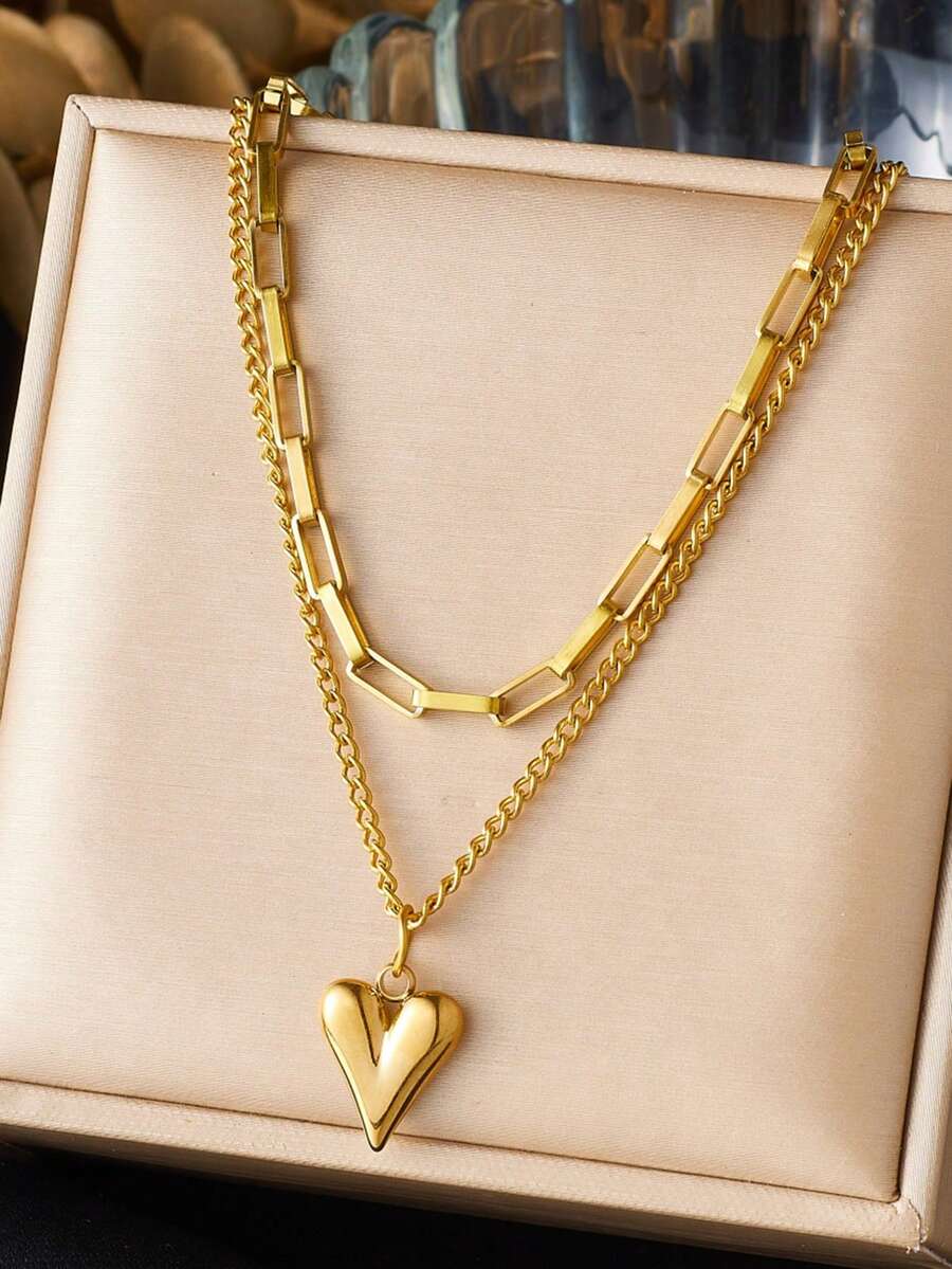 1 pieza de collar de joyería de acero inoxidable con colgante de luna, círculo de corazón blanco y negro, y cadena doble capa apilada con lazo de estilo elegante y sencillo chapado en oro - Blanco - Ver 1