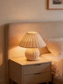 1pc Bohemian Rattan Pleated Table Lamp, Nordic Ins Style Soft Lighting Bedroom Bedside Lamp, Cozy Decor Nightlight For Homestay - Natural Wood Color - View 4
