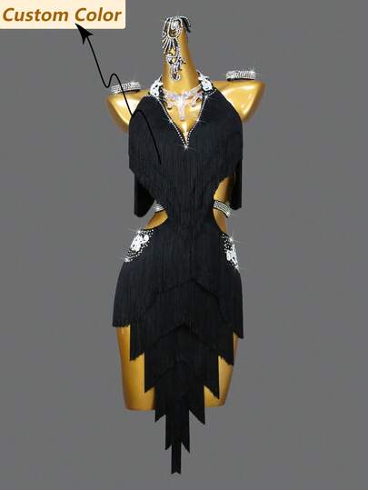 ABC Dancing New Women's Latin Dance Long Skirt, Girls Sports Dance Stage Party Outdoor Performance Sexy Rhinestone Tassel Practice Dress