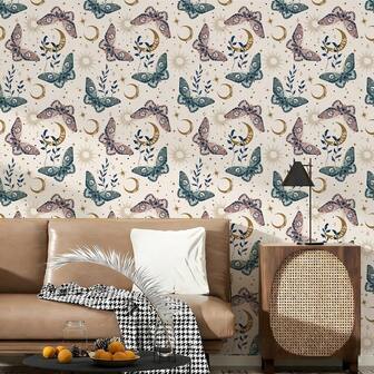 1 Rollo de papel tapiz autoadhesivo con estampado de estrellas, lunas y mariposas florales - Pelable y pegajoso, removible, con fondo crema y patrón de mariposas, estrellas y lunas, adecuado para sala de estar, fondo de TV, decoración del hogar, gabinete, estantería, renovación de muebles, 17.32 pulgadas de ancho, adhesivo decorativo de bricolaje amigable para inquilinos, adecuado para la decoración del Ramadán y las vacaciones