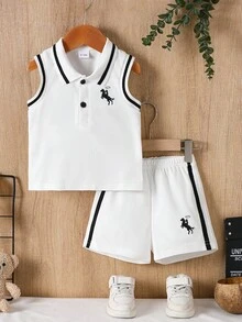 2pcs Toddler Boys' Gentleman Style Outfit, White Collar Sleeveless Top With Black Striped Decorative Shorts, Embroidered Pattern, Loose Fit, Comfortable, Summer - White - View 2
