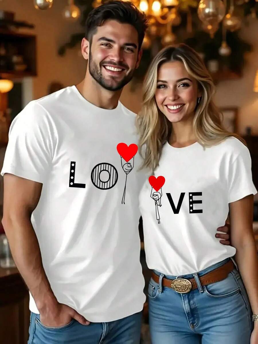 Camisetas Para Parejas (modelos Para Hombre Y Mujer): Diseños Románticos A Juego Con El Motivo <<Love» Estampado. Modelos Informales De Cuello Redondo Y Manga Corta, Perfectos Para Los Días De Verano O Las Veladas Románticas. - Blanco, para hombre - Ver 1