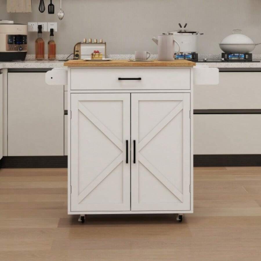 Kitchen Island Rolling Trolley Cart With Adjustable Shelves & Towel Rack & Seasoning Rack Rubber Wood Table Top-White