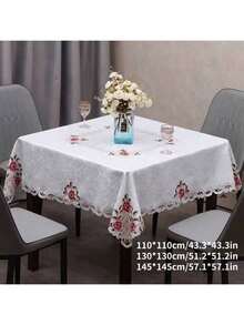 1pc Handmade Hollow Embroidered Floral Tablecloth, Pastoral Polyester Rectangular/Square Floral Tablecloth, Suitable For Dining Table, Coffee Table, Daily Home Decor And Wedding/Party/Holiday - Rose Red - View 4