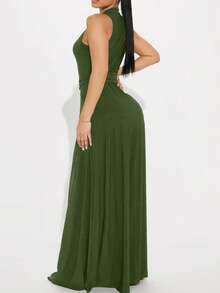 Women's Collared Button-Front Maxi| Deep-V Sleeveless High-Slit| Spring/Summer Cocktail Essential| Ruched-Waist Chiffon Flow| Wedding-Guest To Vacation Statement Dress - 軍綠色 - 查看 2
