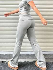 女士运动修身喇叭裤，时尚百搭双腰紧身打底裤，春季显瘦休闲裤 - 淺灰色 - 查看 5
