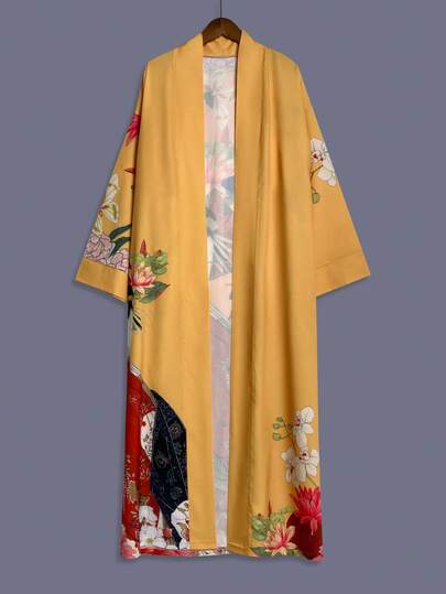 印花中长款七分袖和服式罩衫薄外套，女士优雅街头休闲罩衫，适合海滩、旅行、度假，轻便浴袍式睡袍