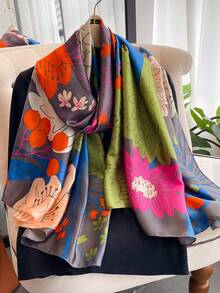 1pc Floral Print Faux Silk Scarf, Fashionable Versatile Shawl For Sun Protection, Suitable For Daily Wear,Beach,Holiday - Multicolor - View 2