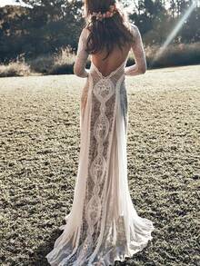 Ladies Dress Fashion Elegant Fresh Temperament Dinner Party Wedding Dress Crew Neck Long Sleeve Flower Print Backless Lace Sexy Dress - 白色 - 查看 8