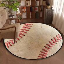 1pc Faux Wool Baseball Pattern Round Area Rug, Non-Slip Washable Carpet For Coffee Table, Office Desk, Bedroom, Living Room, Game Room - Multicolor - View 1