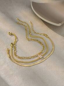 3pcs/Set Summer Vacation Fashion Mixed Wear Geometric Copper Zirconia, Stainless Steel Blade Chain & Iron Grinding Chain Multi-Layer Stacking Bracelet For Women - Yellow Gold - View 3