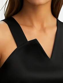 女士纯色不对称吊带背心，适合日常穿着和机场穿搭，夏季黑色 - 黑色 - 查看 5