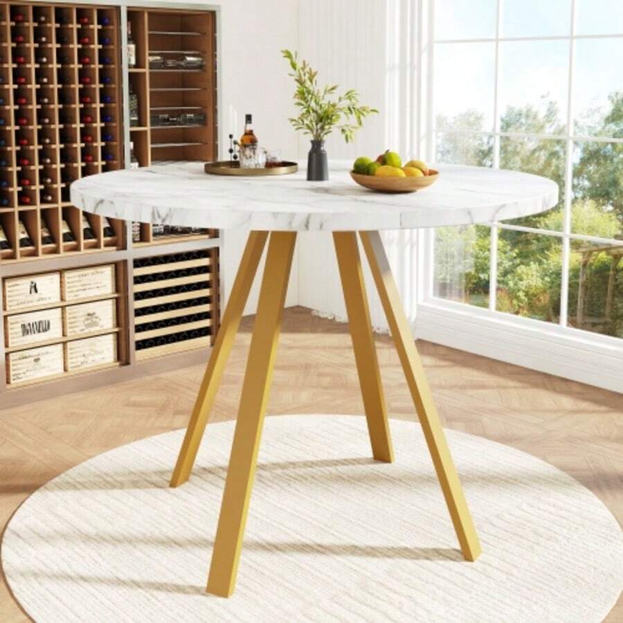 Round Dining Table (1 Piece), Kitchen Table, Unique Metal Frame, Modern Marble Pattern Dining Table, Suitable For Dining Room And Living Room, White/Black - 白色+金色 - 查看 1