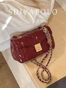 Fashion Classic Joker Solid Color PuWaterproof Fabric, Diamond Lattice SplicingDesign Chain Square Bag, Twist Lock OpeningAnd Closing Design, Burgundy Bag Ls SuitableFor Traveling And Shopping, Commuting ToWork, And Attending Parties - Burgundy - View 2