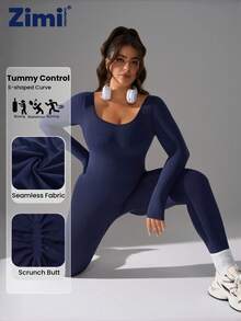Zimi Collection 1XL-5XL Plus Size Seamless Sports Shapewear Bodysuit | Navy Blue Ruched Butt Lifting Tummy Control Compression Workout Jumpsuit For Gym Yoga Running Training - Navy Blue - View 5