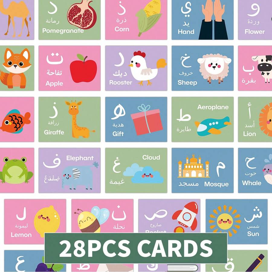 28张阿拉伯字母学习闪卡 - 可爱卡通插画设计，适合初学者和学生的教育辅助工具，阿拉伯语书写闪卡，阿拉伯字母识别卡 - 彩色 - 查看 1
