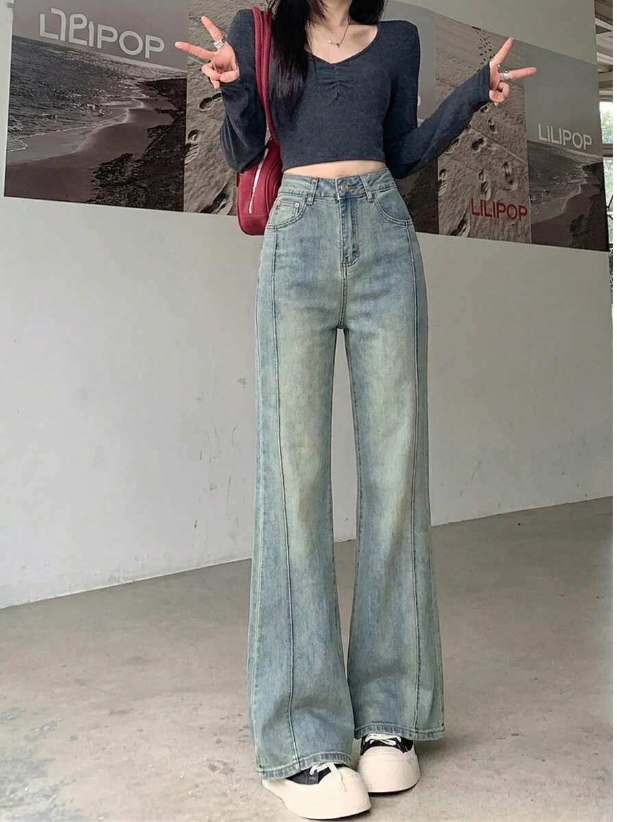 修身復古喇叭彈性牛仔褲，女款長褲，休閒春季秋季穿搭