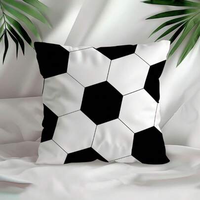 1Pc Soccer Ball Pattern Throw Pillow Covers - 17.7*17.7 Inches, 2D Digital Single-Side Printing, Soft Polyester Black & White Hexagonal Design, Zipper Closure & Machine Washable, Decor For Sofa, Bedroom & Living Room (No Pillow)